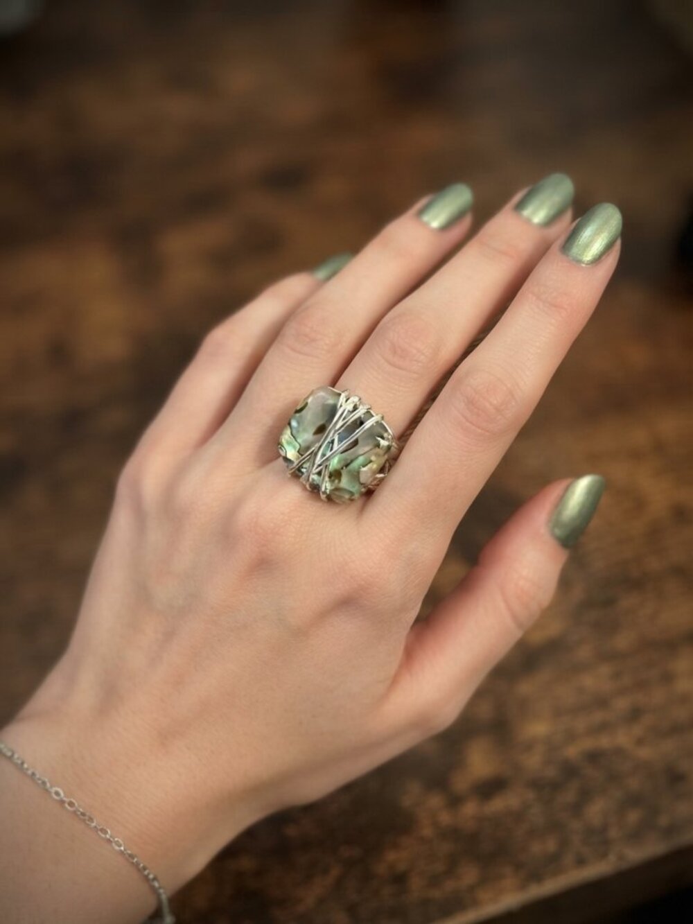 NWT Artisan Sterling Silver Abalone Shell Wire Wrapped Statement Ring - Size 8